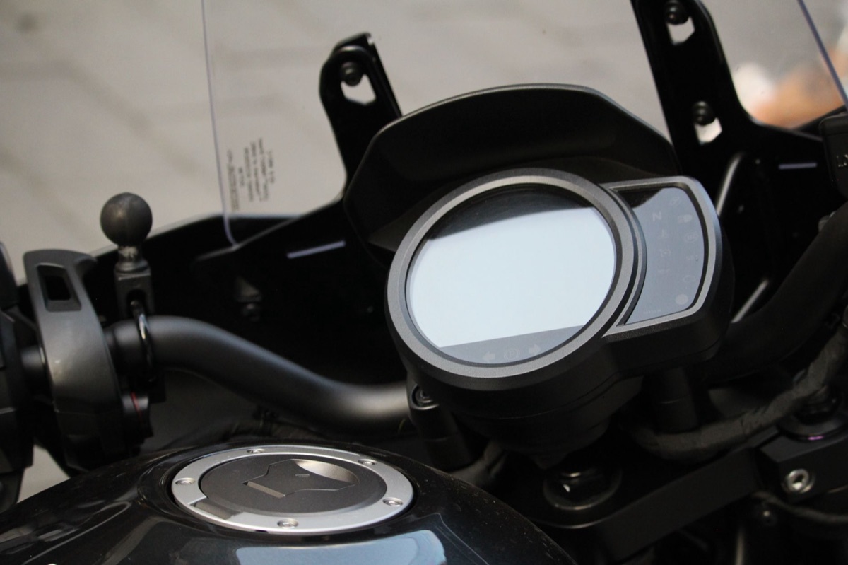 Detailed view of a modern sportbike digital instrument cluster