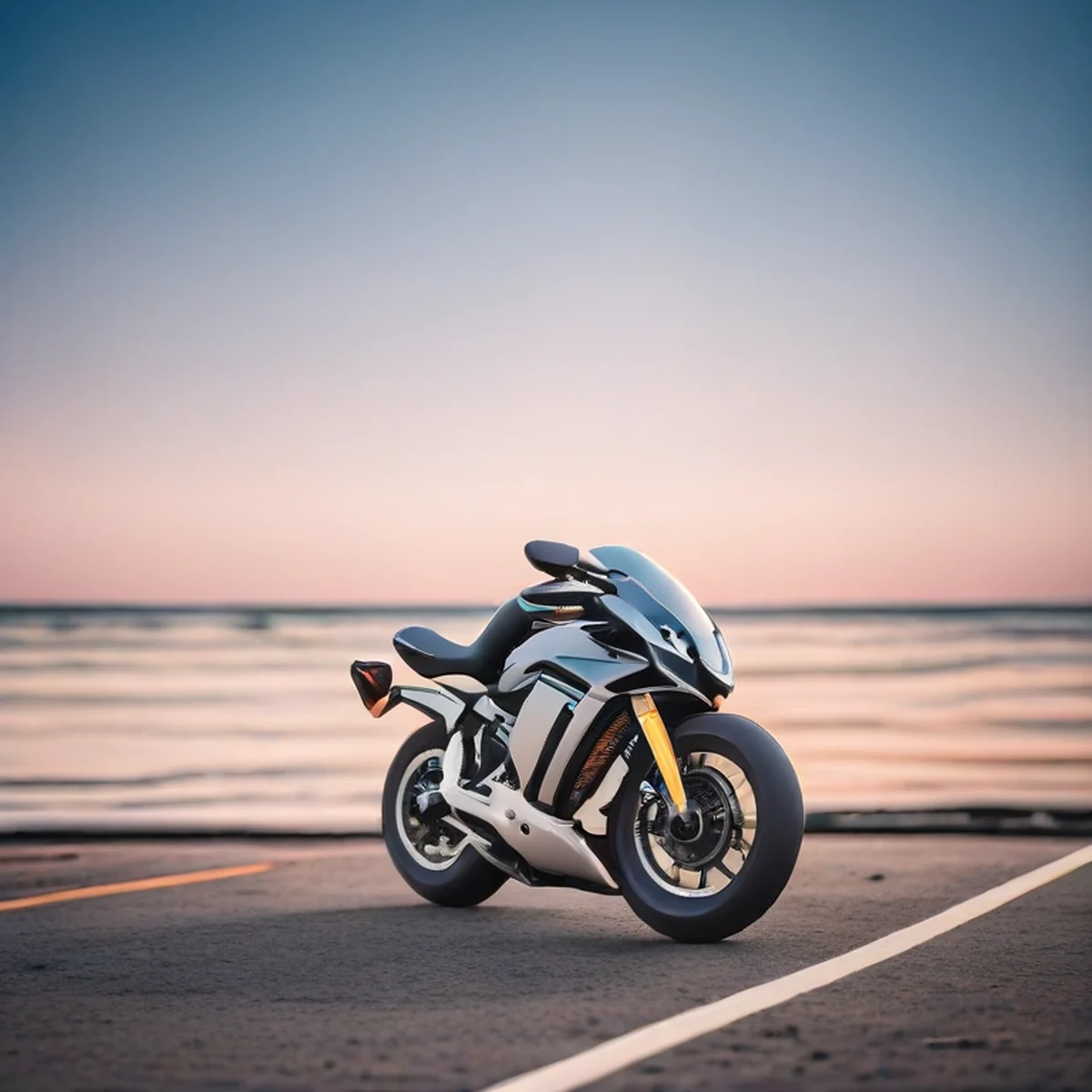 Superbike italiana estacionada em uma estrada costeira ao anoitecer.