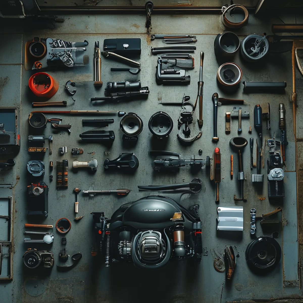 Werkzeuge und Zubehör in einer Motorradwerkstatt für Customizing