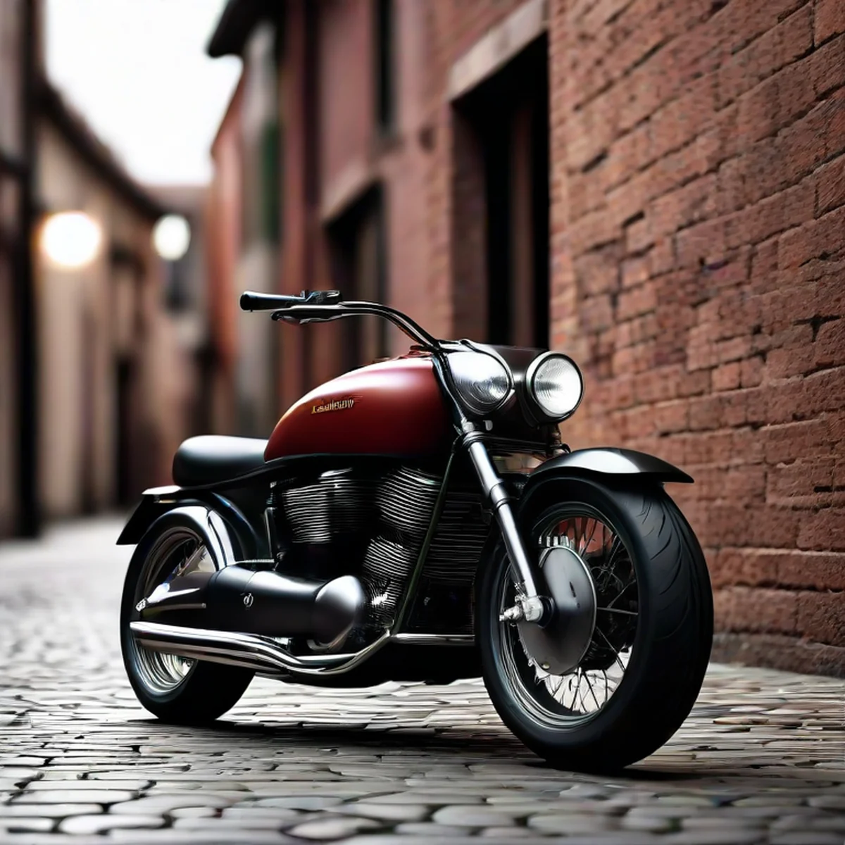 Moto cruiser personnalisée garée dans une rue pavée