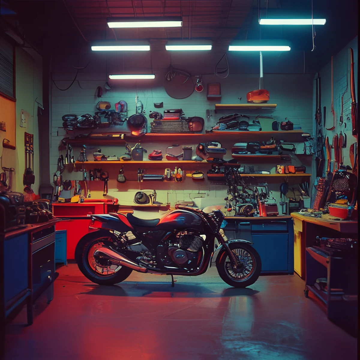 カスタムバイクのメンテナンスを行うガレージの様子