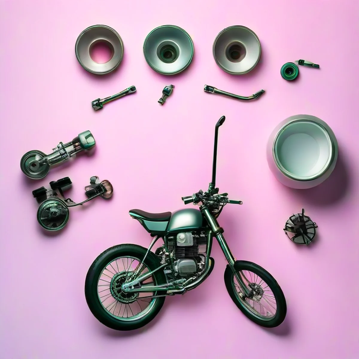 Ferramentas de manutenção e customização de motocicletas em uma oficina.