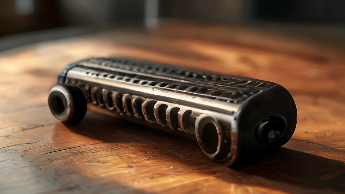 A Turkish Gear Roller, black metal, elongated, with a grooved surface and a rusted edge, resting on a plain wooden table, under warm side light, shallow depth of field, photorealistic, sharp focus, high
