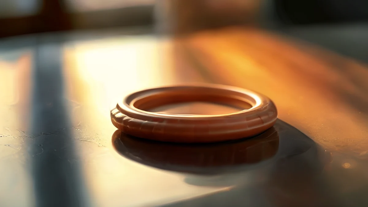 A rubber clip, rounded shape with a textured surface, resting on a glass table under warm side light, shallow depth of field, photorealistic, sharp focus, high detail
