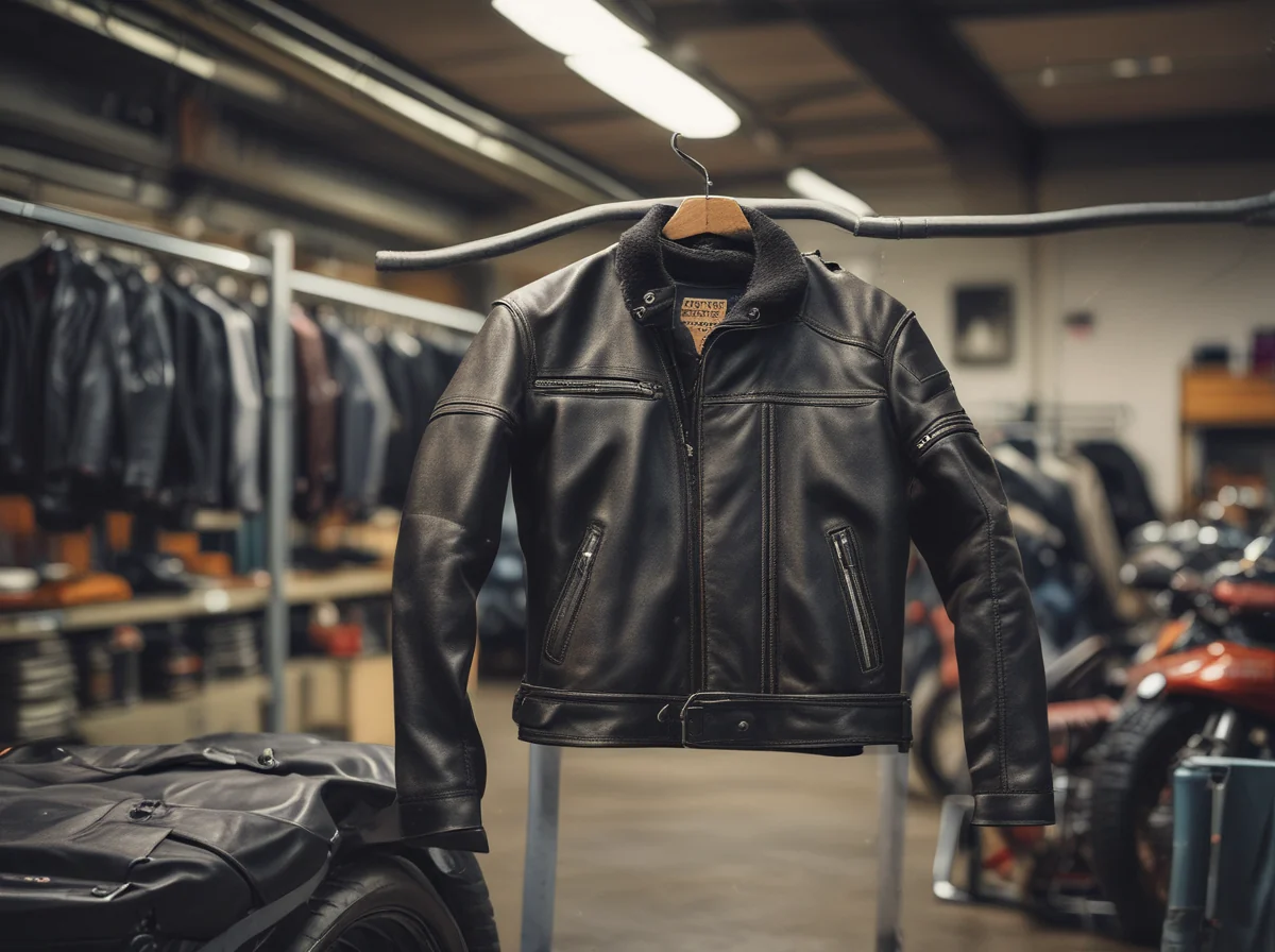 Manta de motocicleta de textil pesado com proteções visíveis em um suporte metálico em uma oficina