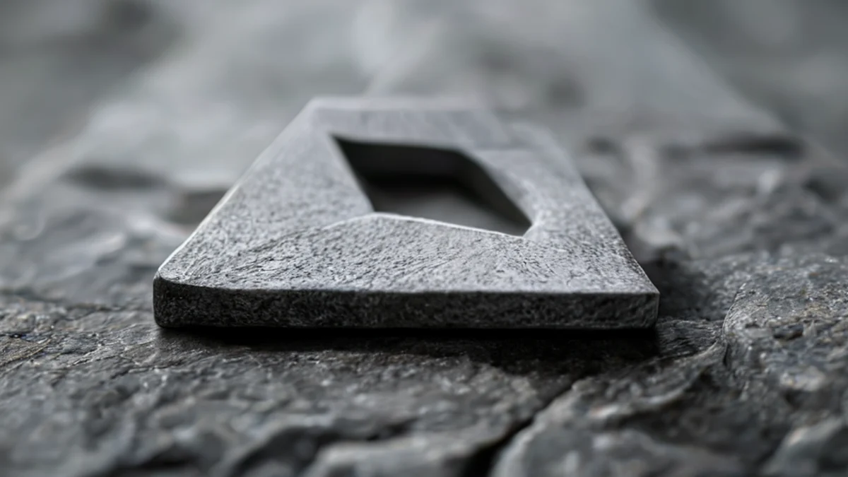Zink-Wedge, zentriert, gefüllte Frame, dreieckig, grau, raue Textur, auf Stein, sauberer Studio-Softbox, flache Tiefe des Feldes, photorealistisch, scharfe Fokussierung, hohe Details