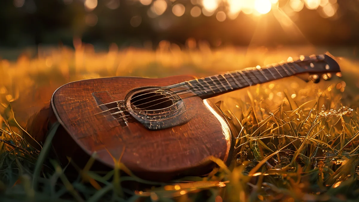 A wooden guitar with flowers growing from its body.