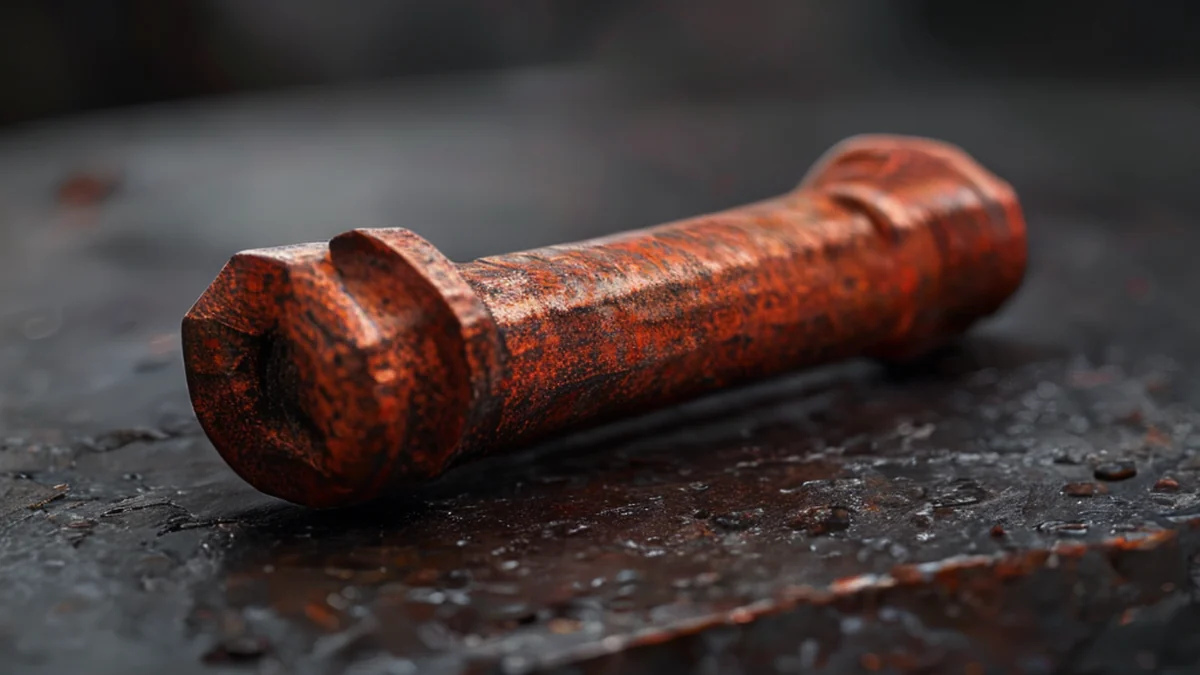 Boulon en fer, rouillé, hexagonal, rougeâtre, texture rugueuse, repos sur un anvil en acier, boîte de lumière studio propre, profondeur de champ faible, réalisme photographique, focus net, détails élevés